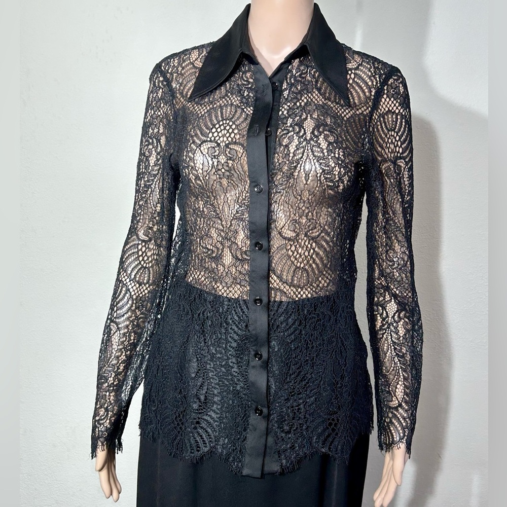 Zara Black Lace Button Front Long Sleeve Blouse sz XS  NWOT